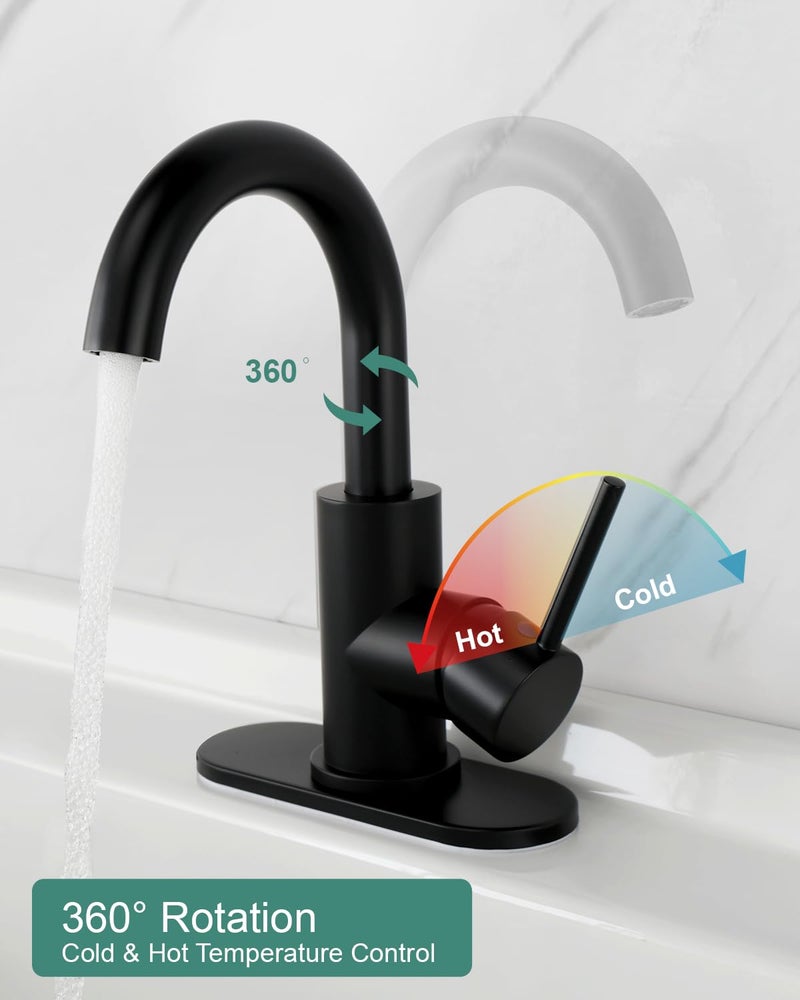 RKF Single-Handle Bathroom Sink Faucet, Swivel Spout, with Pop-up Drain with Overflow and Supply Hose,Bar Sink Faucet,Small Kitchen Faucet Tap,Matte Black,BF3501P-MB - Image 5